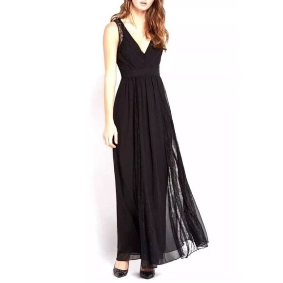 NWT BCBG Generation Shirred Lace Inset Maxi Long Dress Black Tag Size 6 Fits 0‎ - Picture 1 of 16